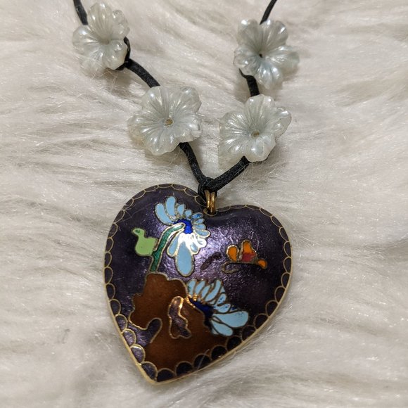 Chinese Cloisonne Floral Heart Pendant NECKLACE - Picture 1 of 7